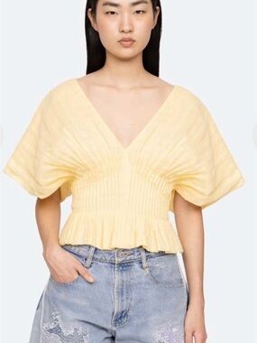 SEA NEW YORK ZORA TOP: Smocked V-Neck Flutter Sleeve Blouse in Light Yellow